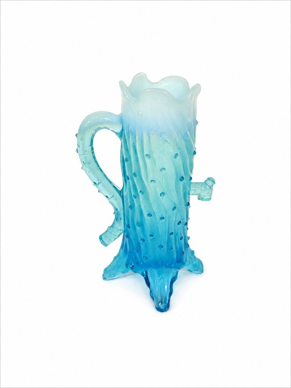 Blue Opalescent Glass Creamer Pitcher Vase Northwood Antique Town Pump Tree Trun
